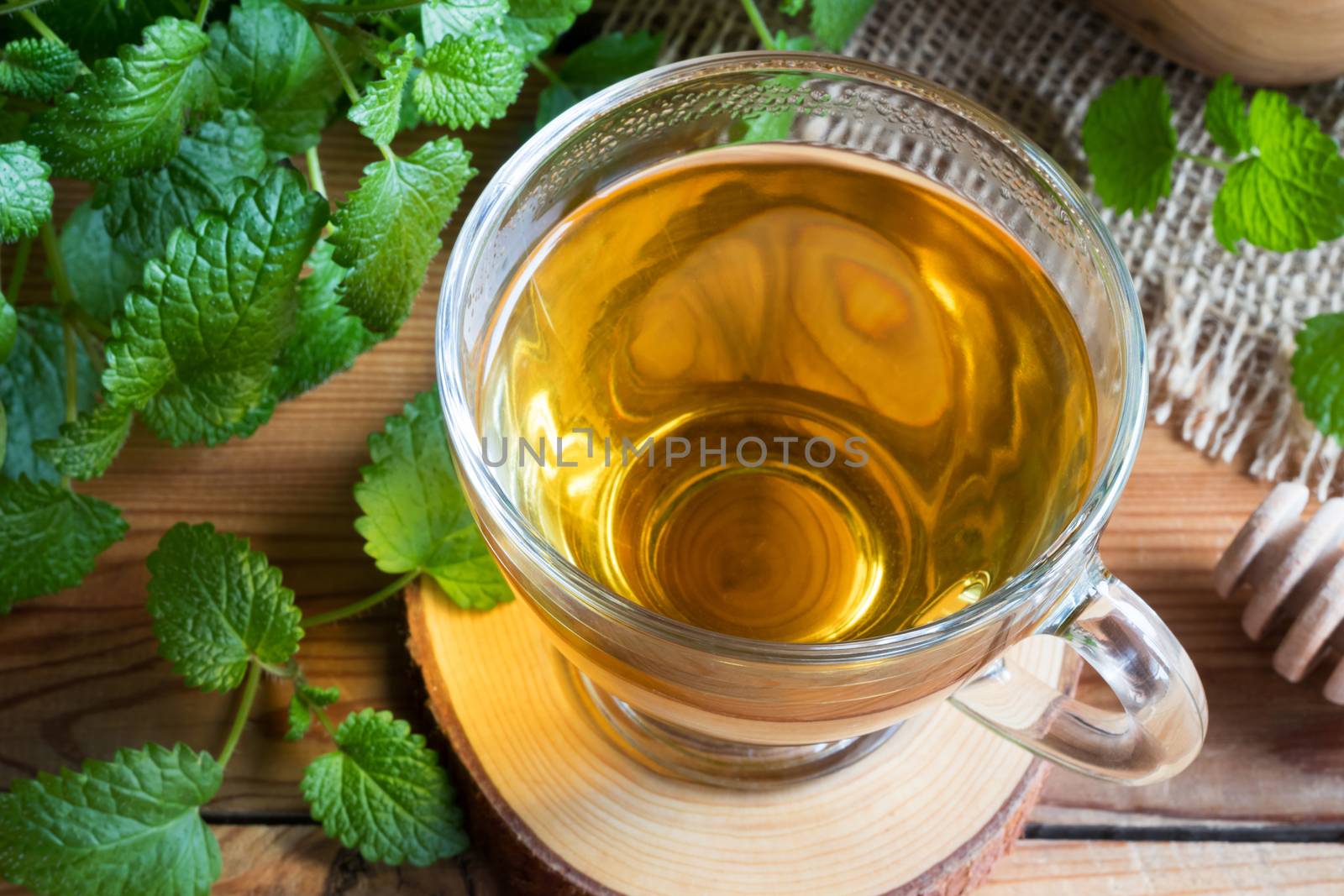 A cup of melissa (lemon balm) tea on a table with fresh melissa leaves in the background