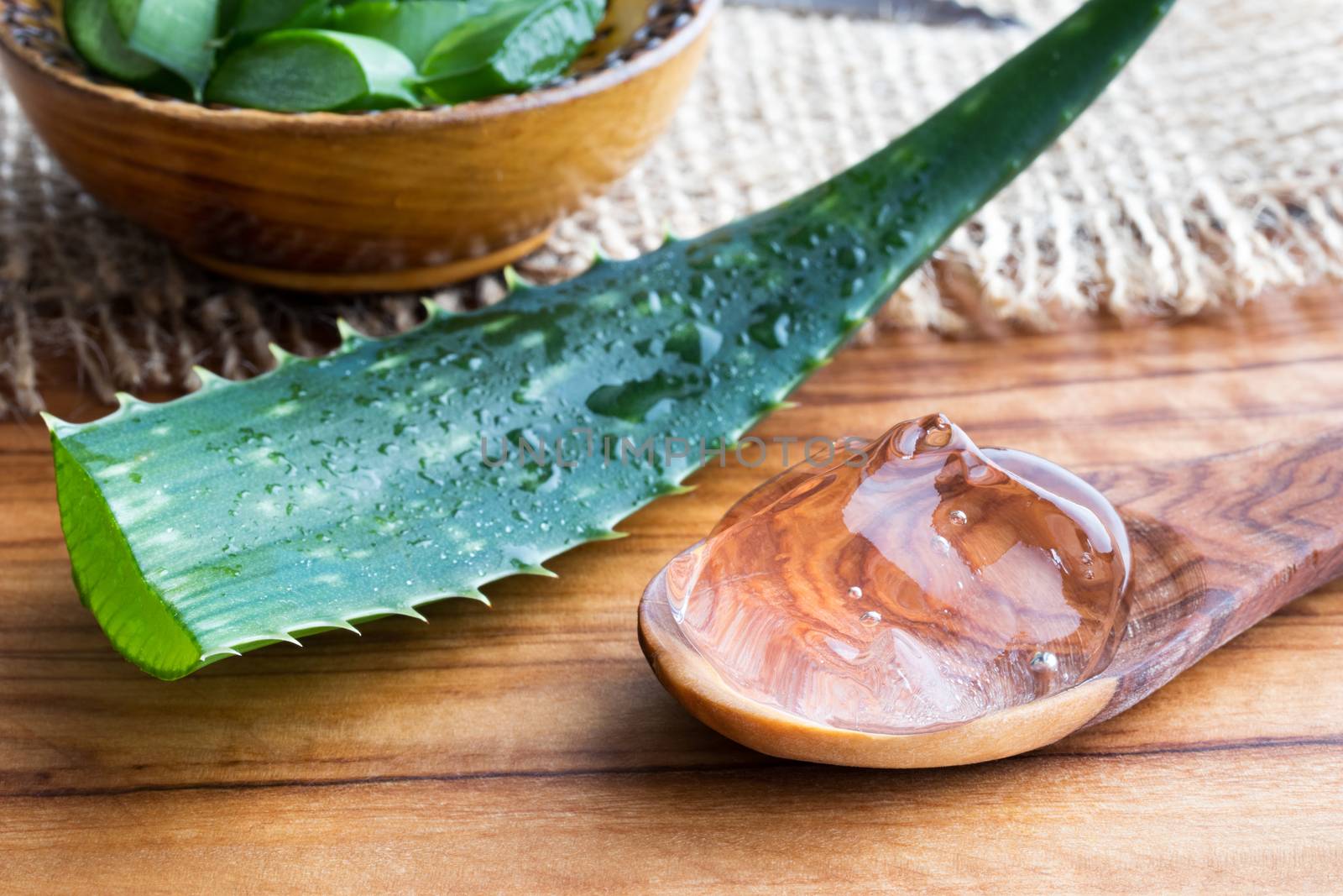 Aloe vera gel on a spoon with a whoe aloe vera leaf in the background
