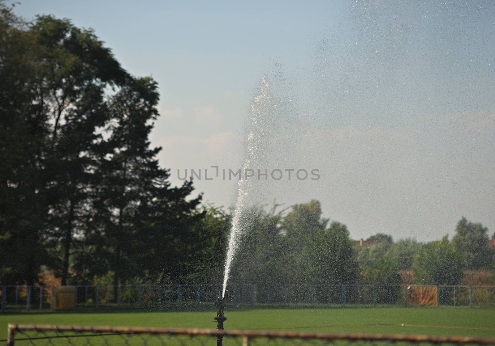 Sprinkler watering grass at football field by sheriffkule