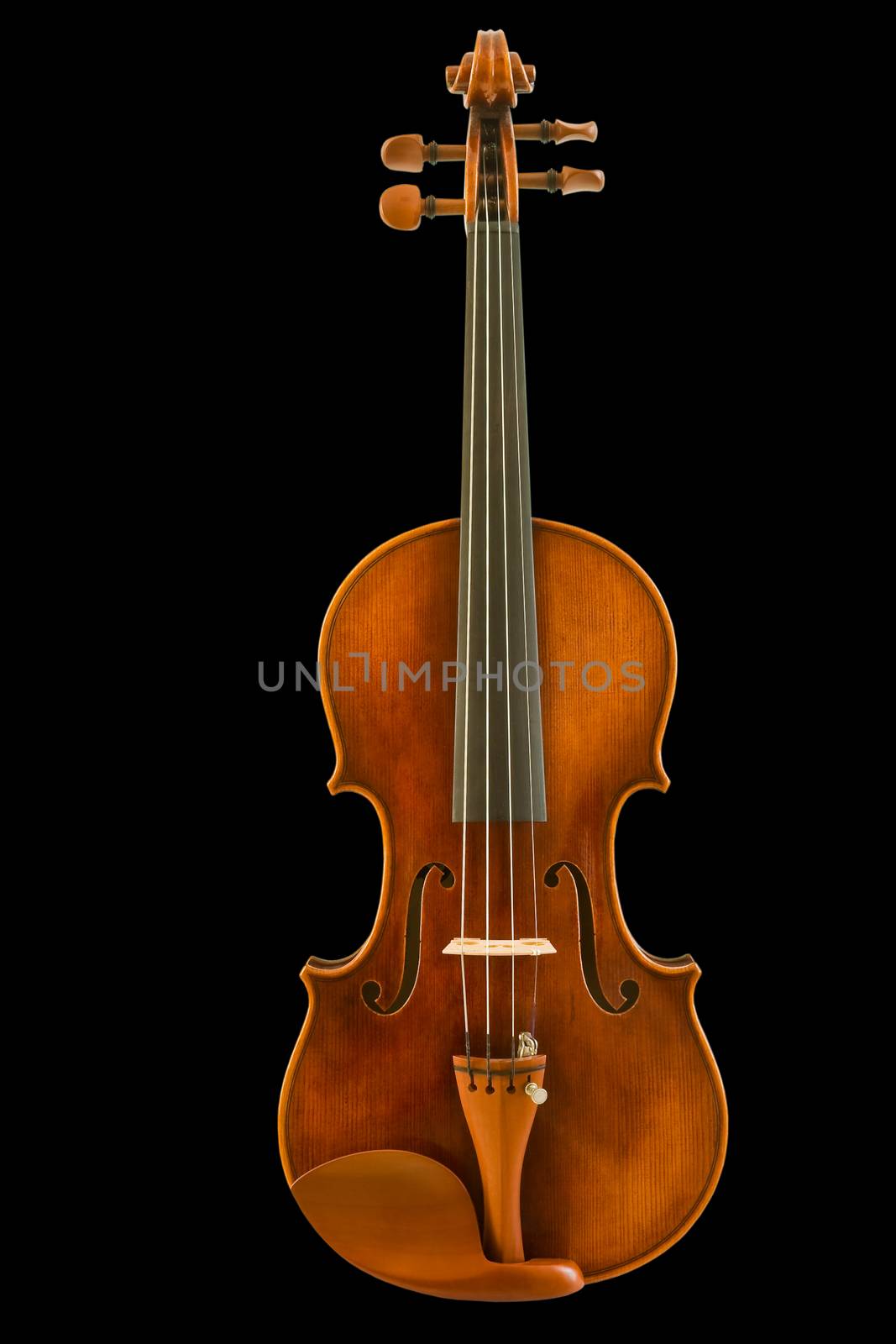 Front view of vintage violin isolated on black background, clipping path