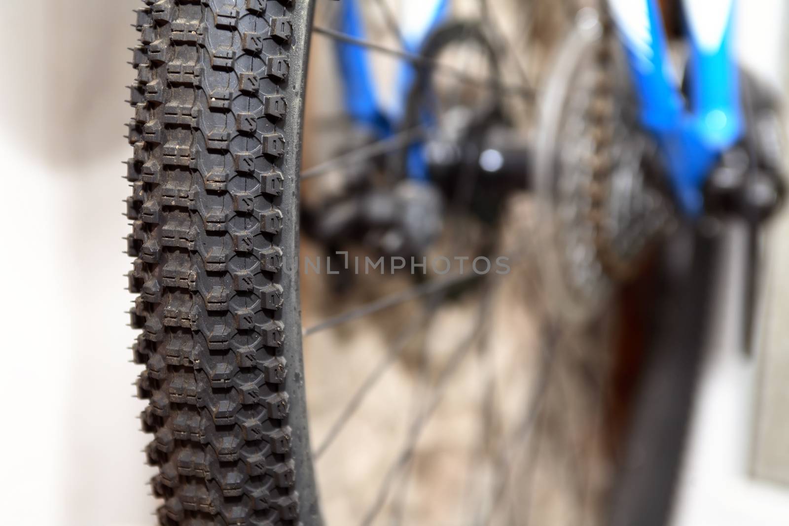 Closeup of real working wheel modern off-road bicycle