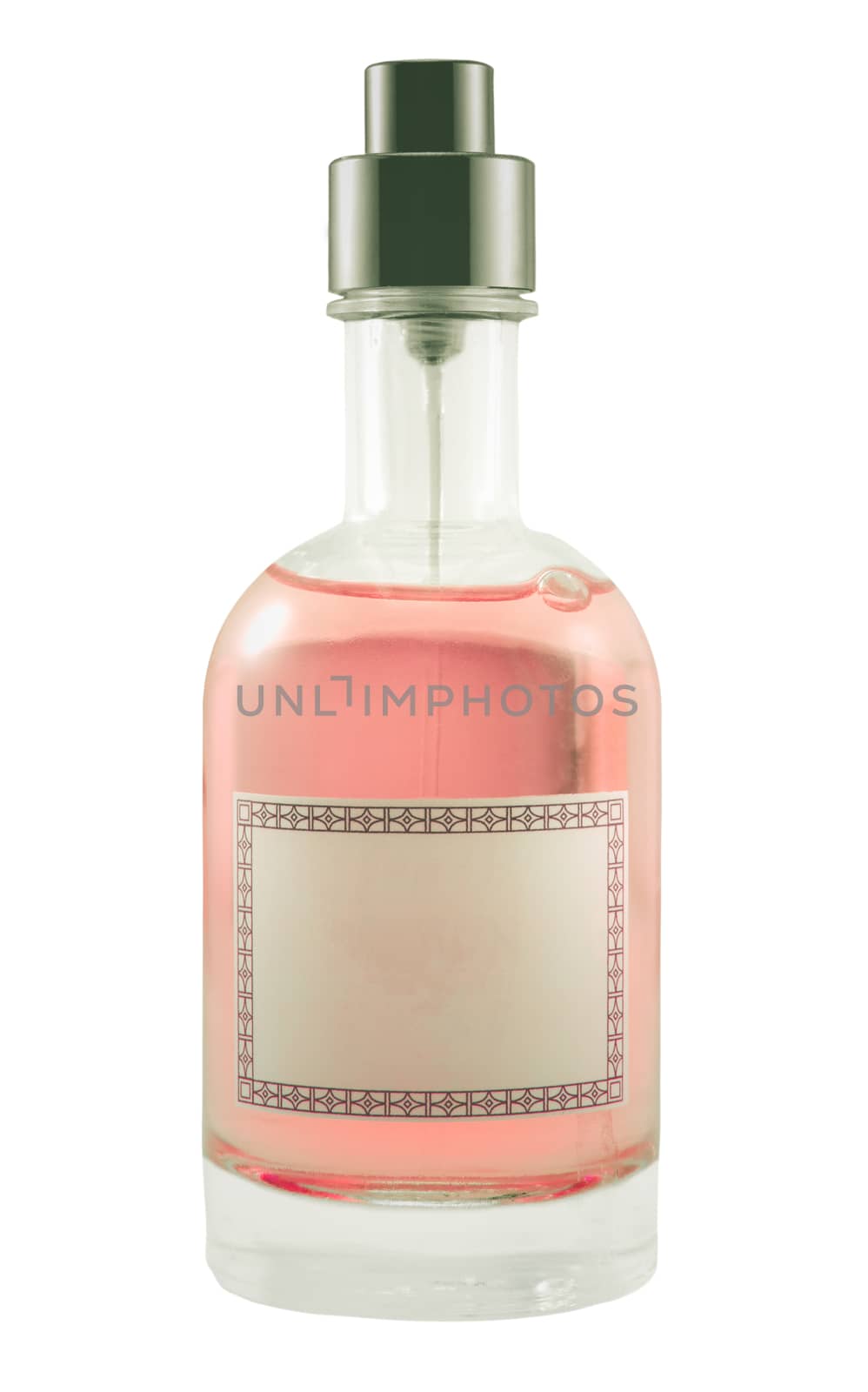 Isolated Pink Perfume Bottle With Blank Label For Your Text