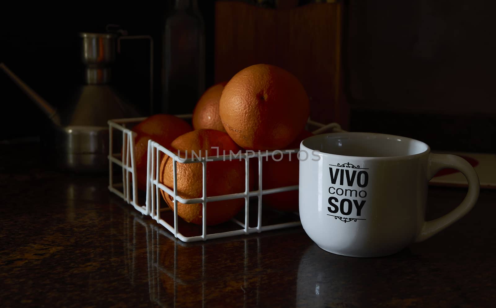 Breakfast with orange juice in a mug silk screened with live as I am