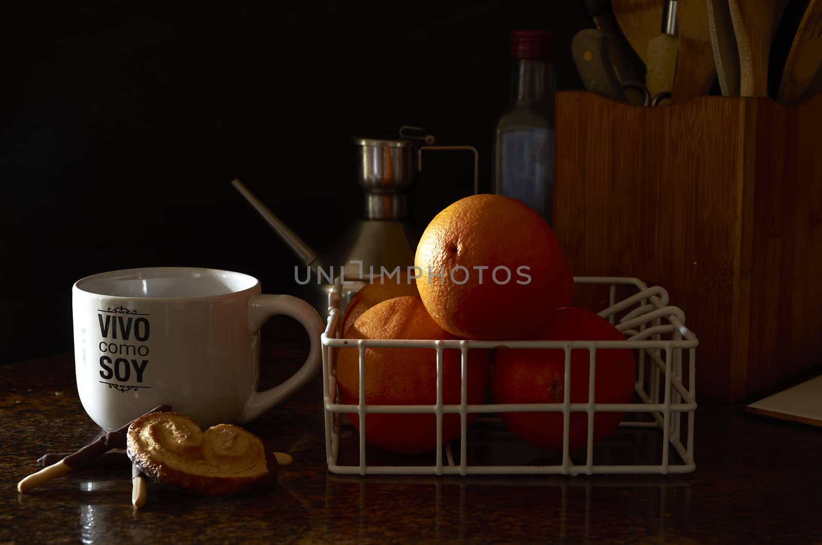 Breakfast with orange juice in a mug silk screened with live as I am