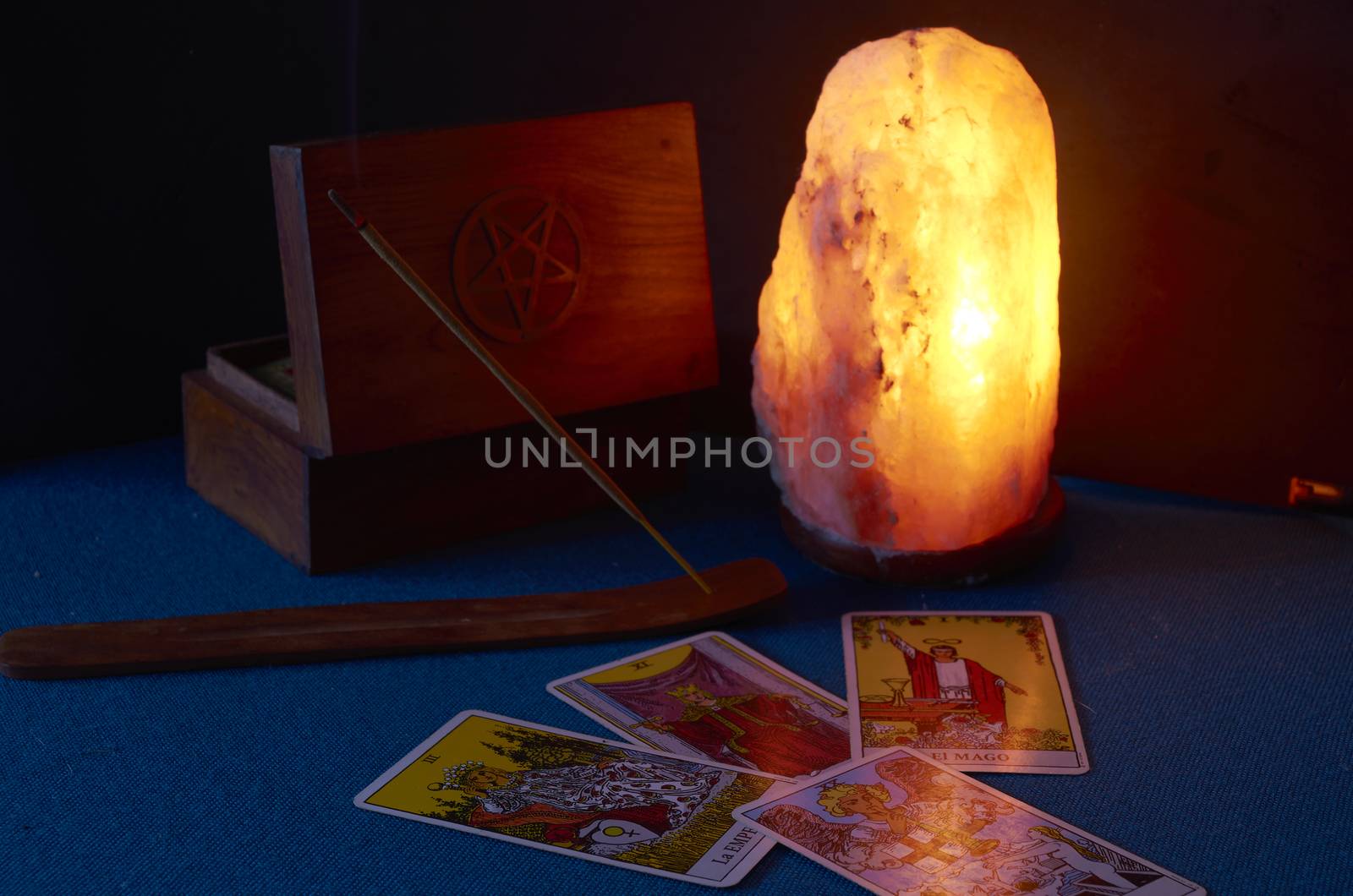 Wooden box of tarot incense and salt lamp letters