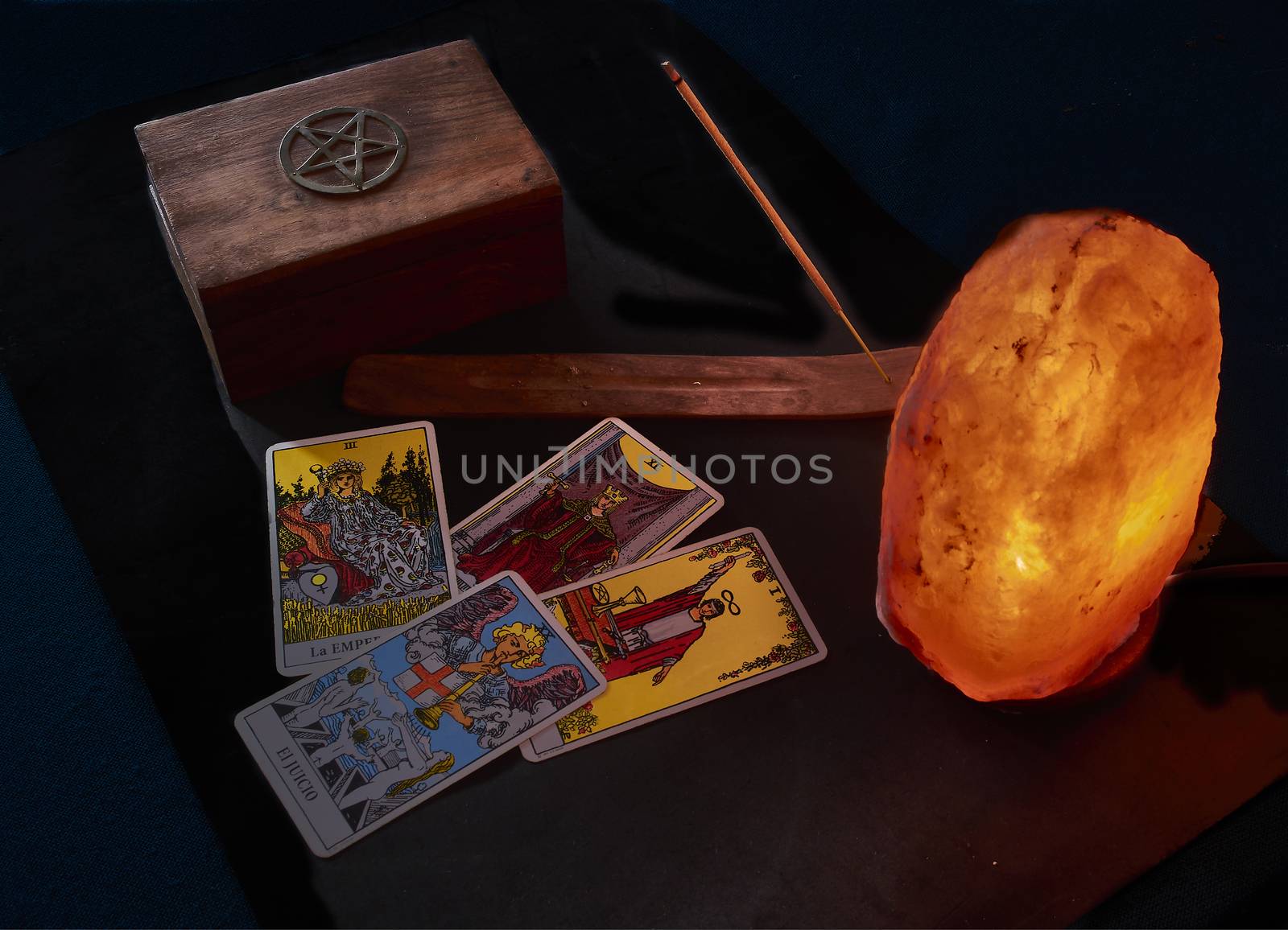 Wooden box of tarot incense and salt lamp letters