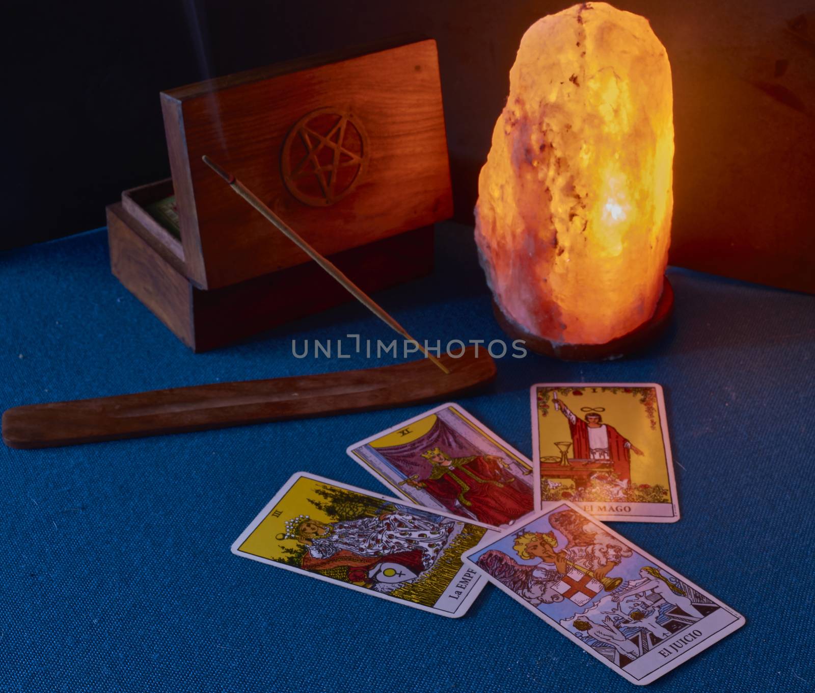 Wooden box of tarot incense and salt lamp letters