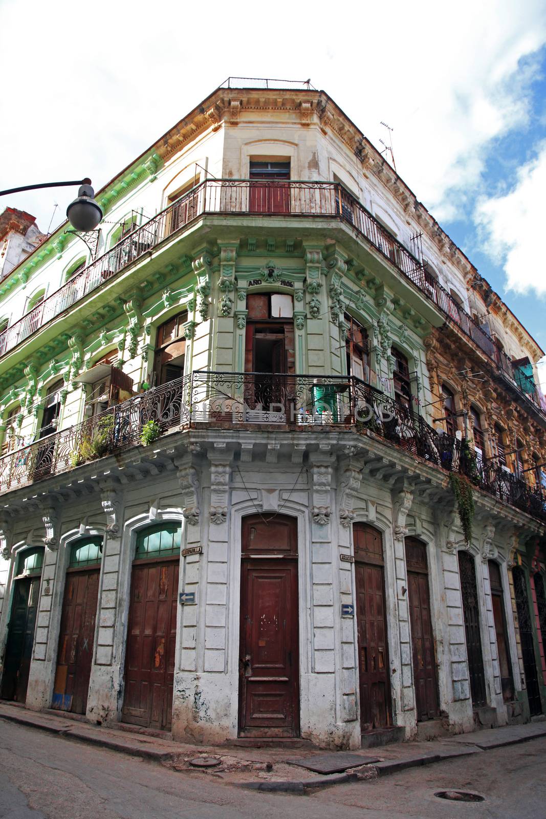 Beautiful facade of a 1906 building on Lamparilla street in the old Havana