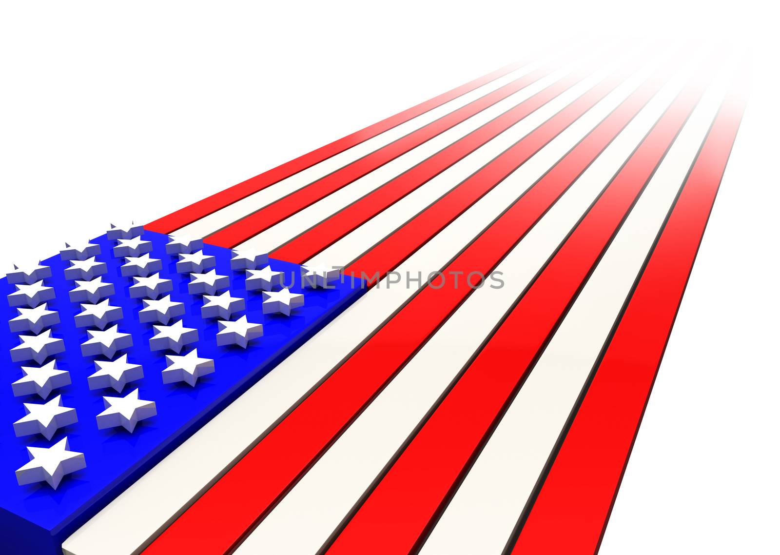 3D Rendering of American Flag in Strong Perspective Disappearing diagonally in the Distance