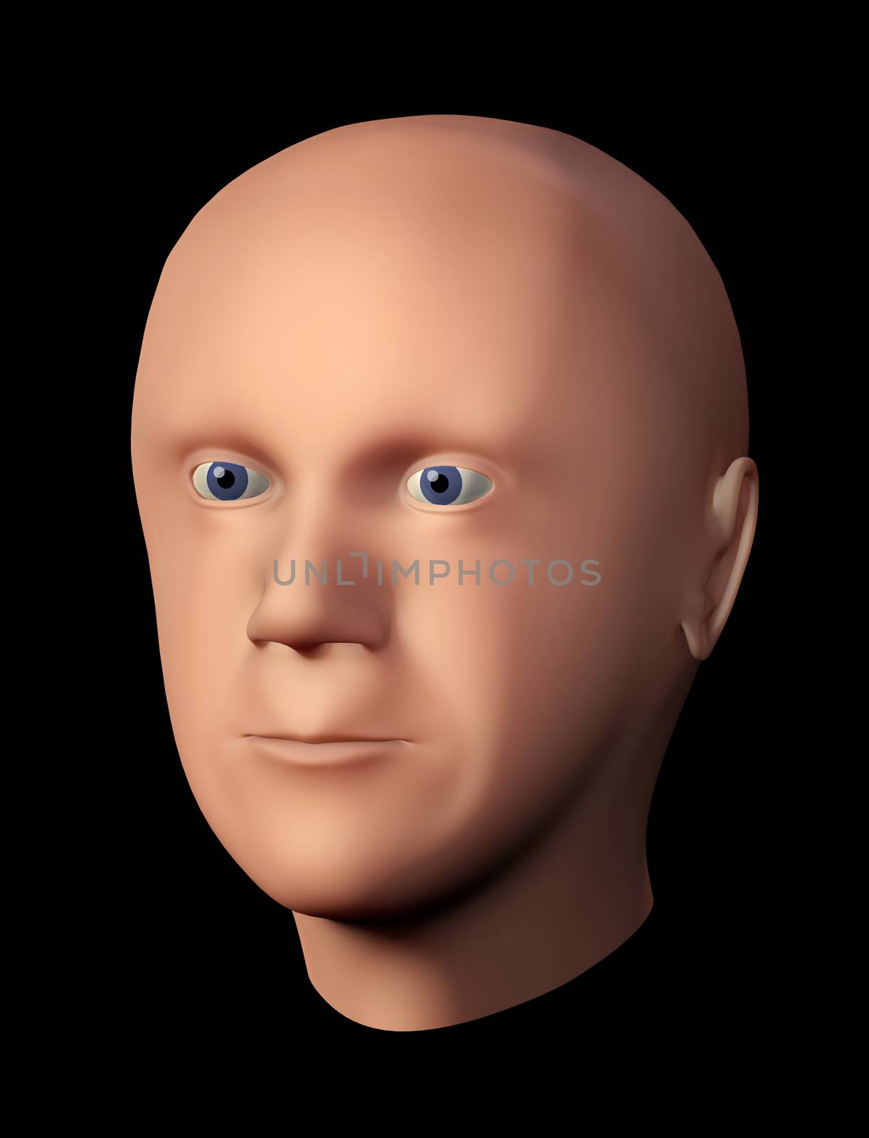 3D rendering of a male head without hair against black background