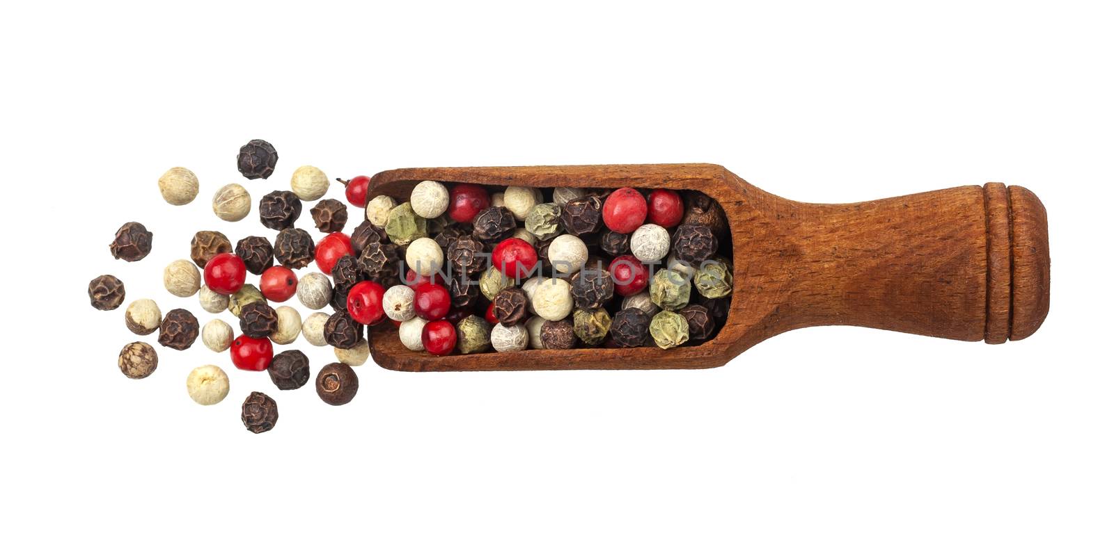 Pepper mix. Black, red, white and allspice peppercorns in scoop isolated on white background, top view by xamtiw