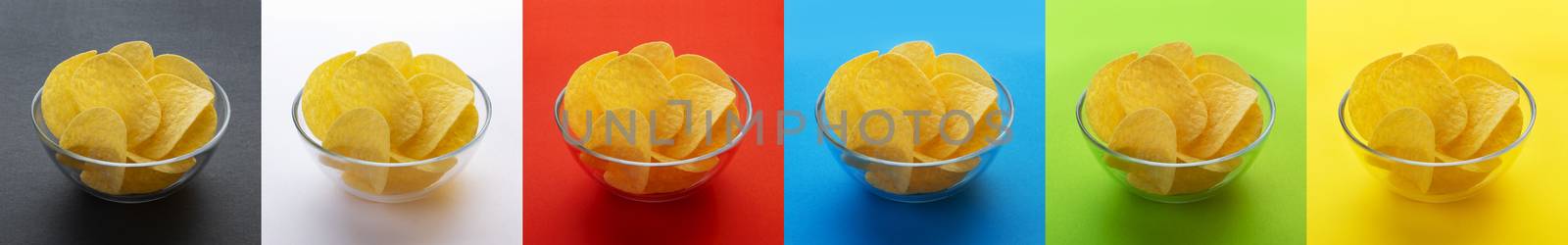 Potato chips in bowl isolated on different backgrounds, collection by xamtiw