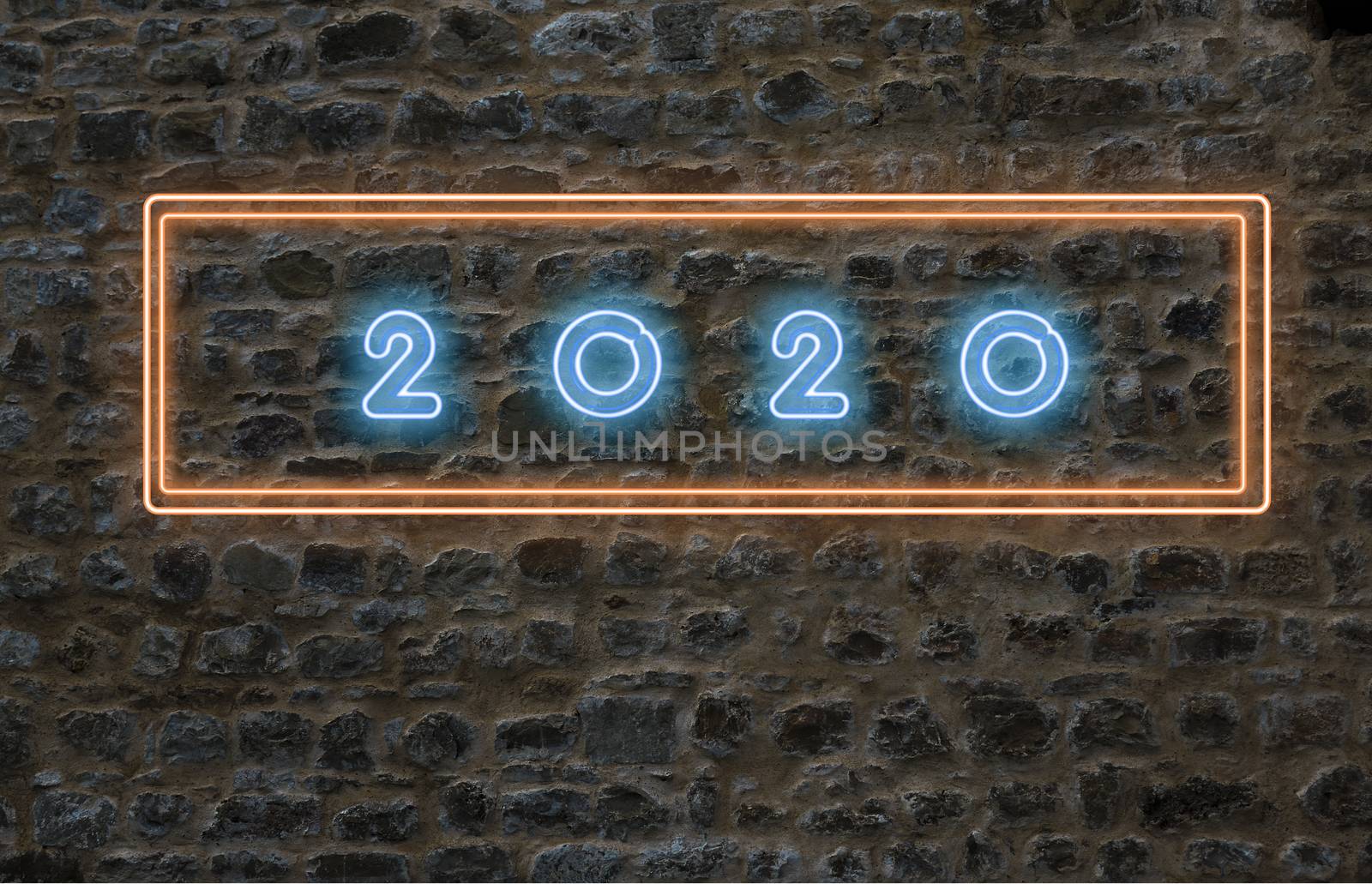 New years  2020 neon letters on a wall in blue and orange color