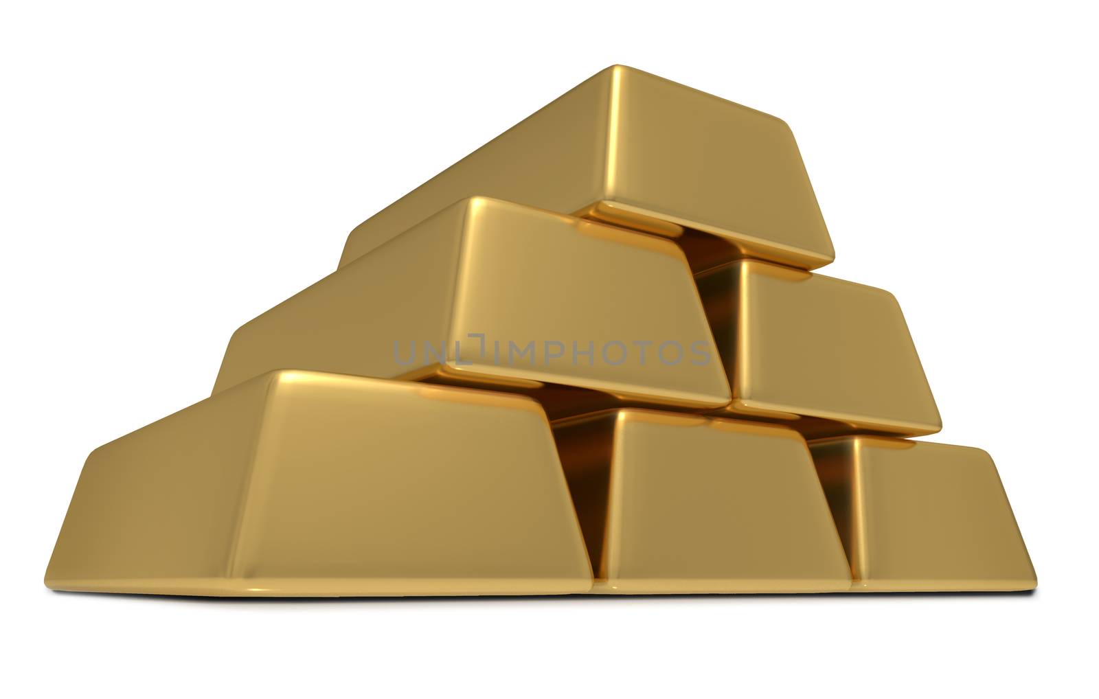 3D illustration of six gold bullion bars representing enormous weath or assets