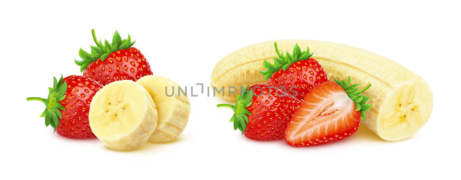 Banana and strawberry isolated on white background with clipping path, heap of strawberries and sliced peeled bananas