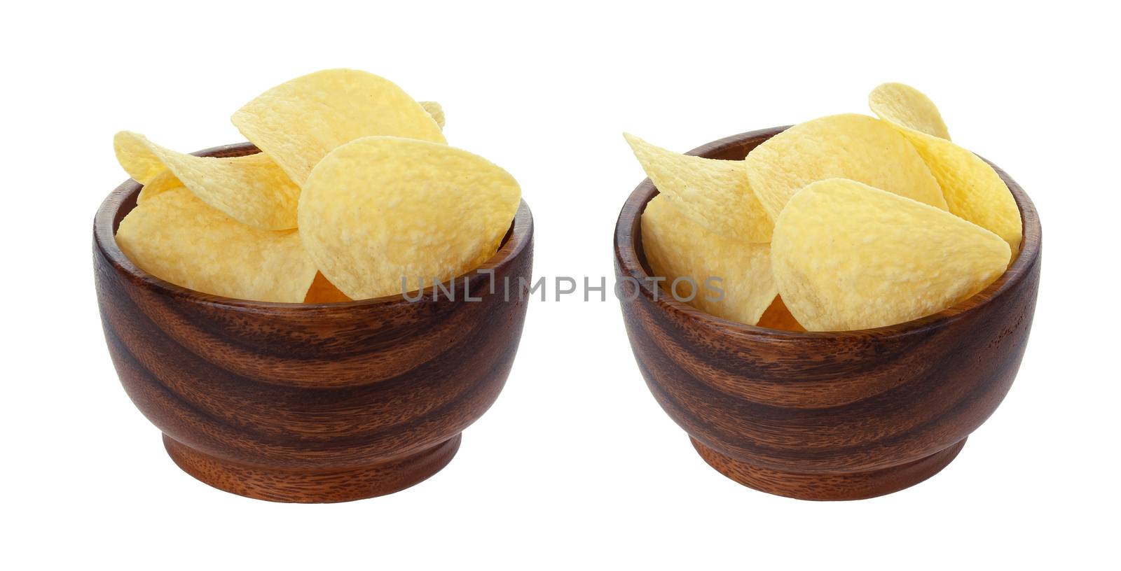 Potato chips in wooden bowl isolated on white background by xamtiw