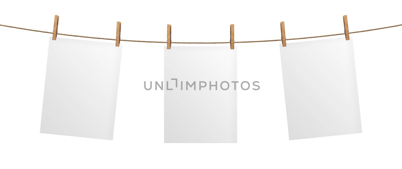 Empty paper sheet hanging on rope, isolated on white background by xamtiw