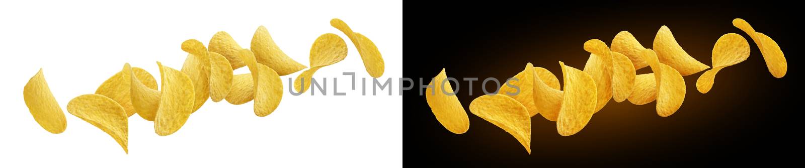 Falling potato chips isolated on white and black backgrounds, flying potato crisps