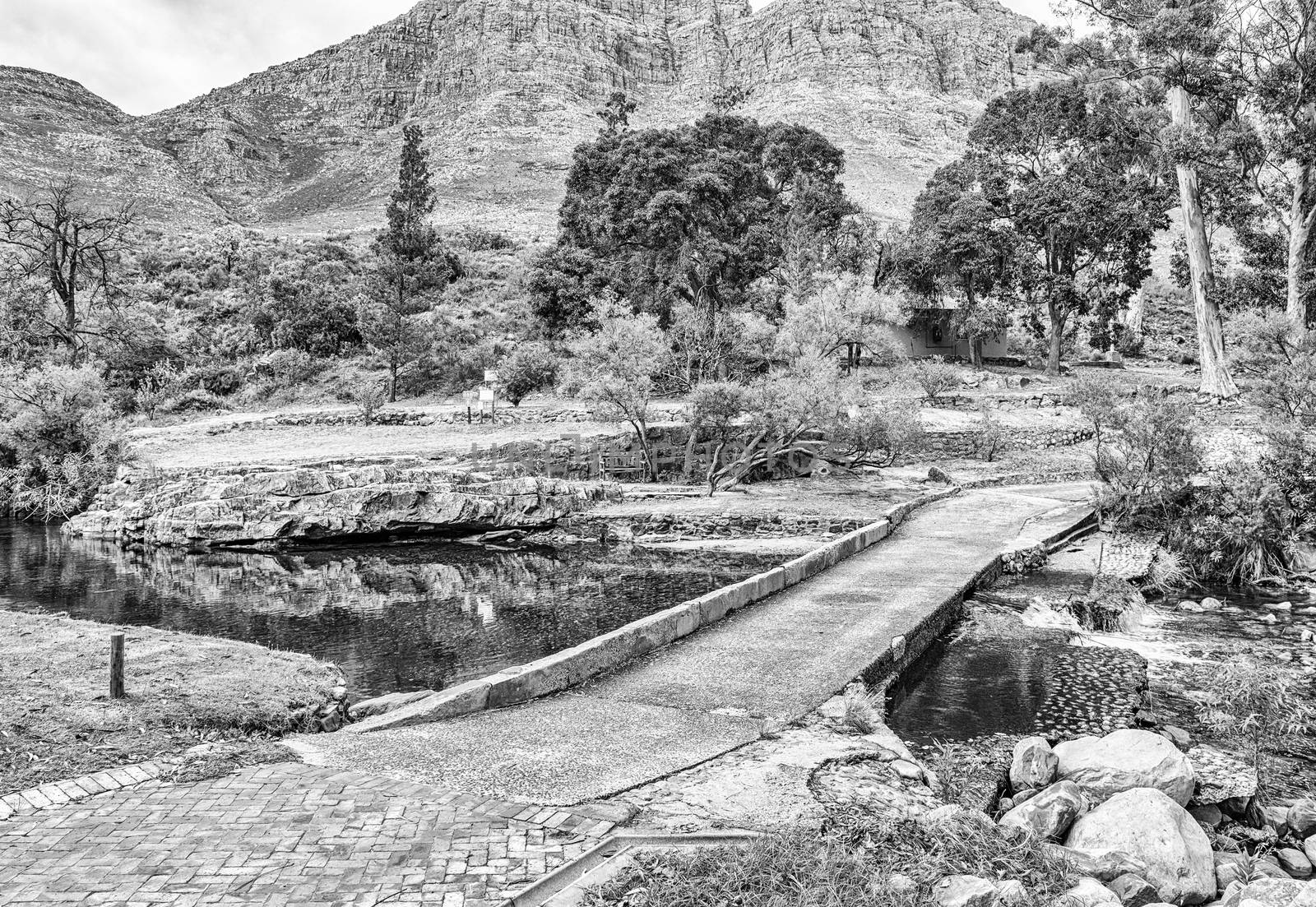 A low level road bridge at Algeria in the Cederberg Mountains in the Western Cape of South Africa. Monochrome