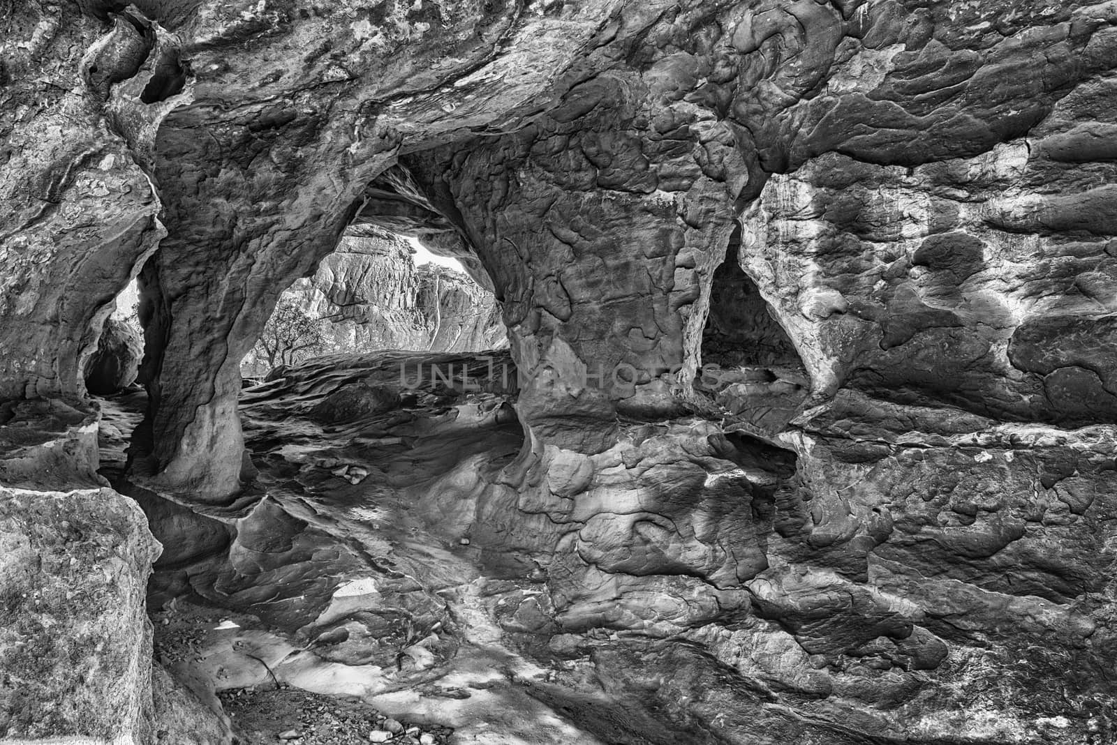 The main Stadsaal Cave in the Cederberg Mountains in the Western Cape Province of South Africa. Monochrome