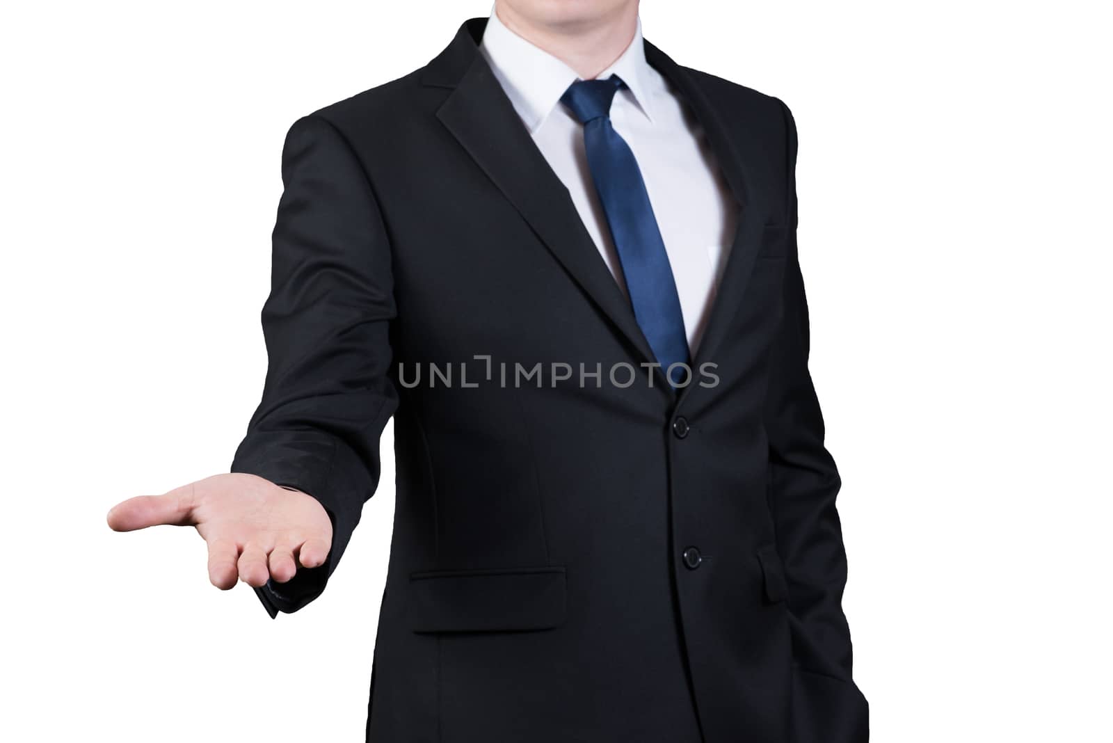 Successful businessman standing with open hand isolated on white background by claire_lucia
