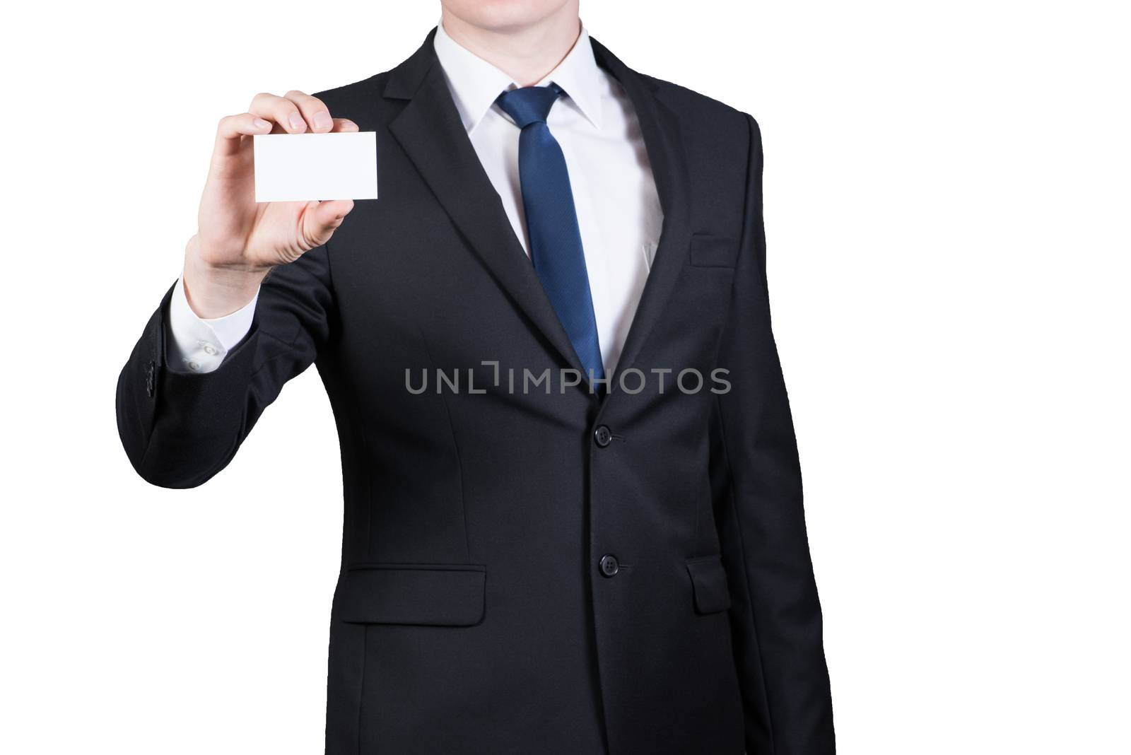 Businessman showing blank business card isolated on white background by claire_lucia