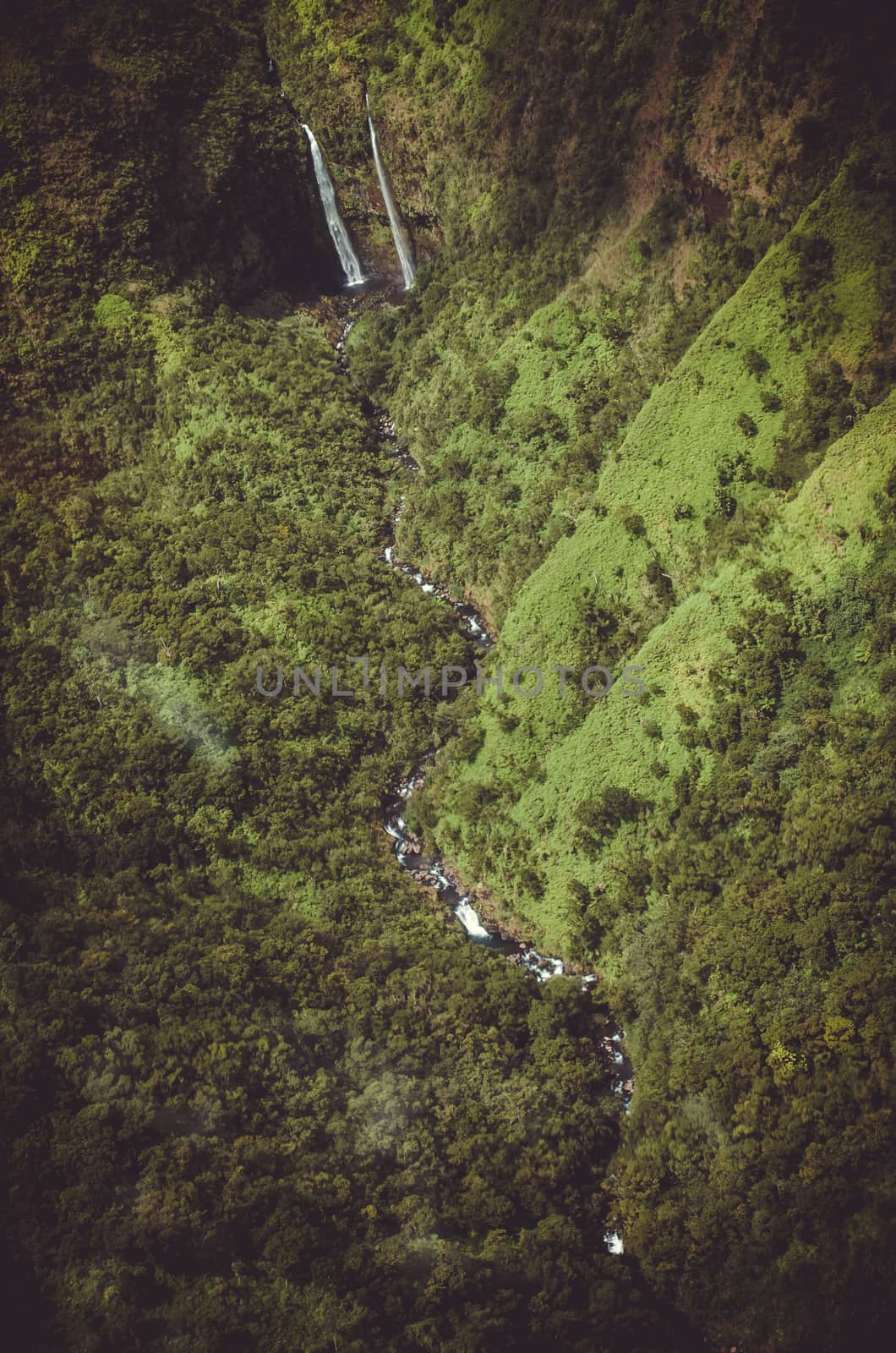 Aerial view of typical peaks near Napali Coast in Kauai, US by mikelju