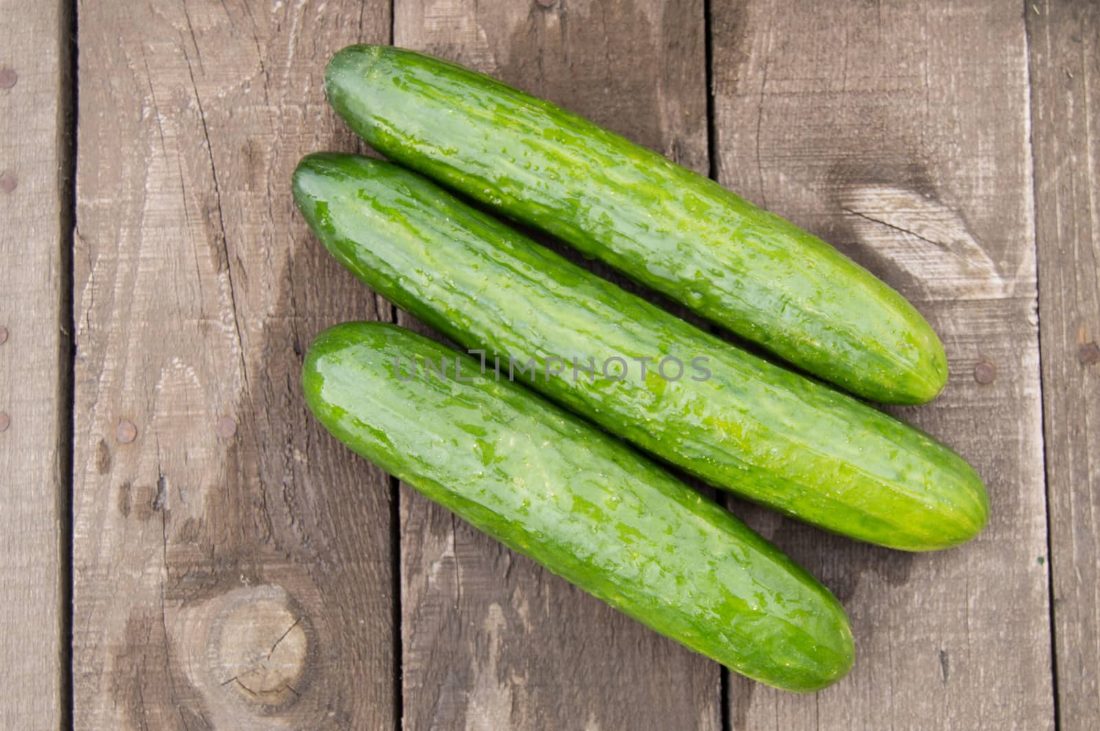 Fresh cucumbers on old wooden background, top view by claire_lucia