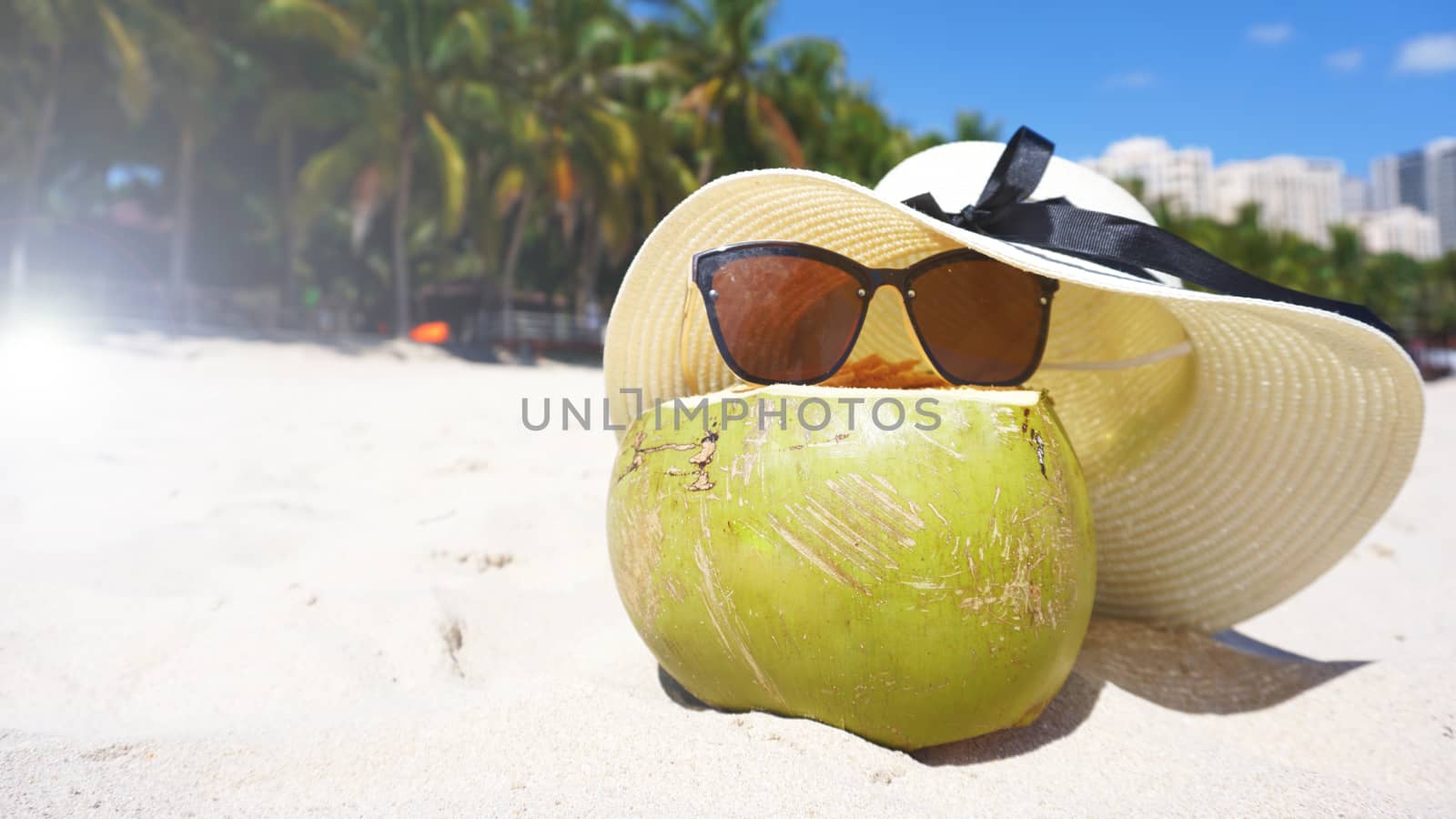 Green funny coconut in sun glasses on white sandy beach, summer travel concept background.