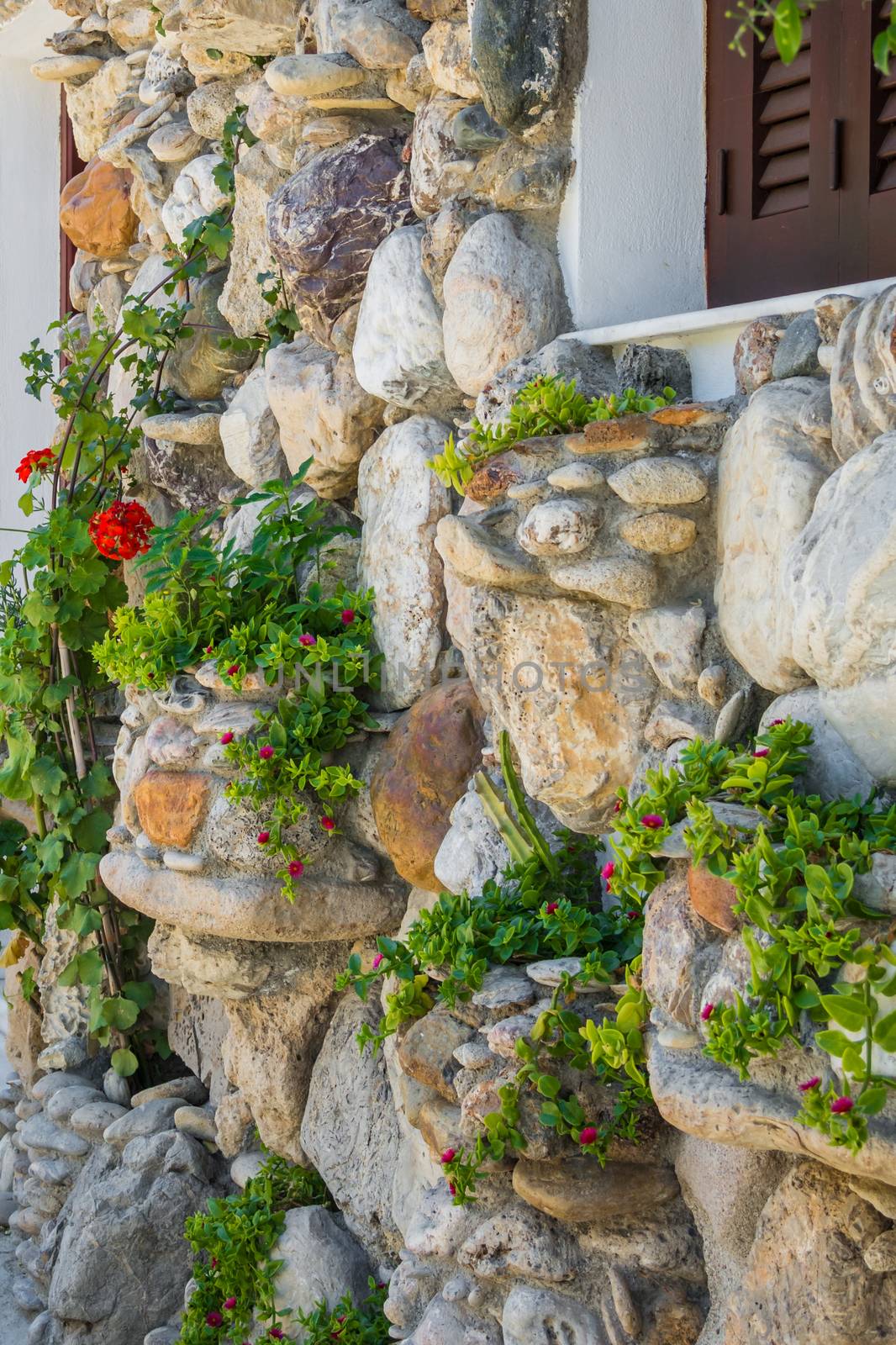 Natural stone wall with plants growing on it by MXW_Stock