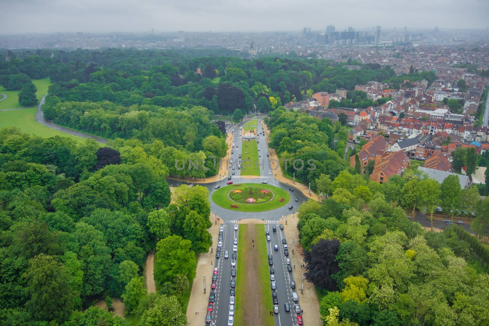 View from the top of the Atomium in Brussels towards city center by MXW_Stock