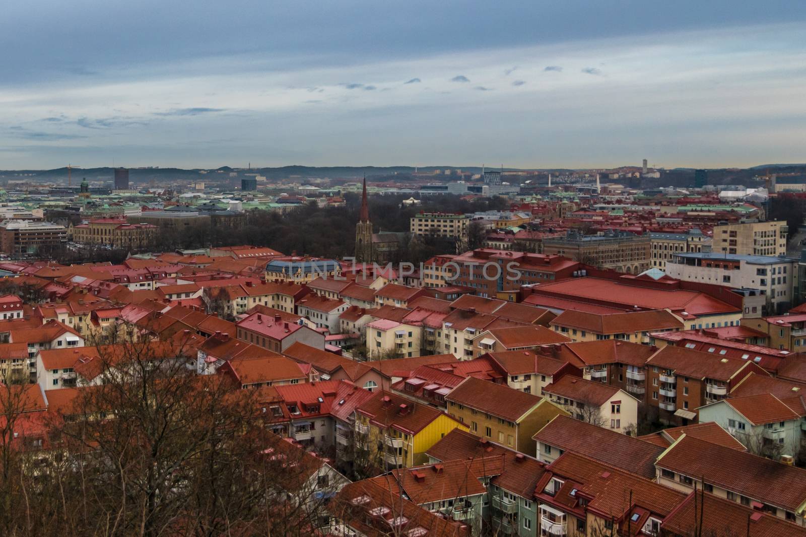 Blue hour scene above the roof tops of Gothenburg Sweden by MXW_Stock