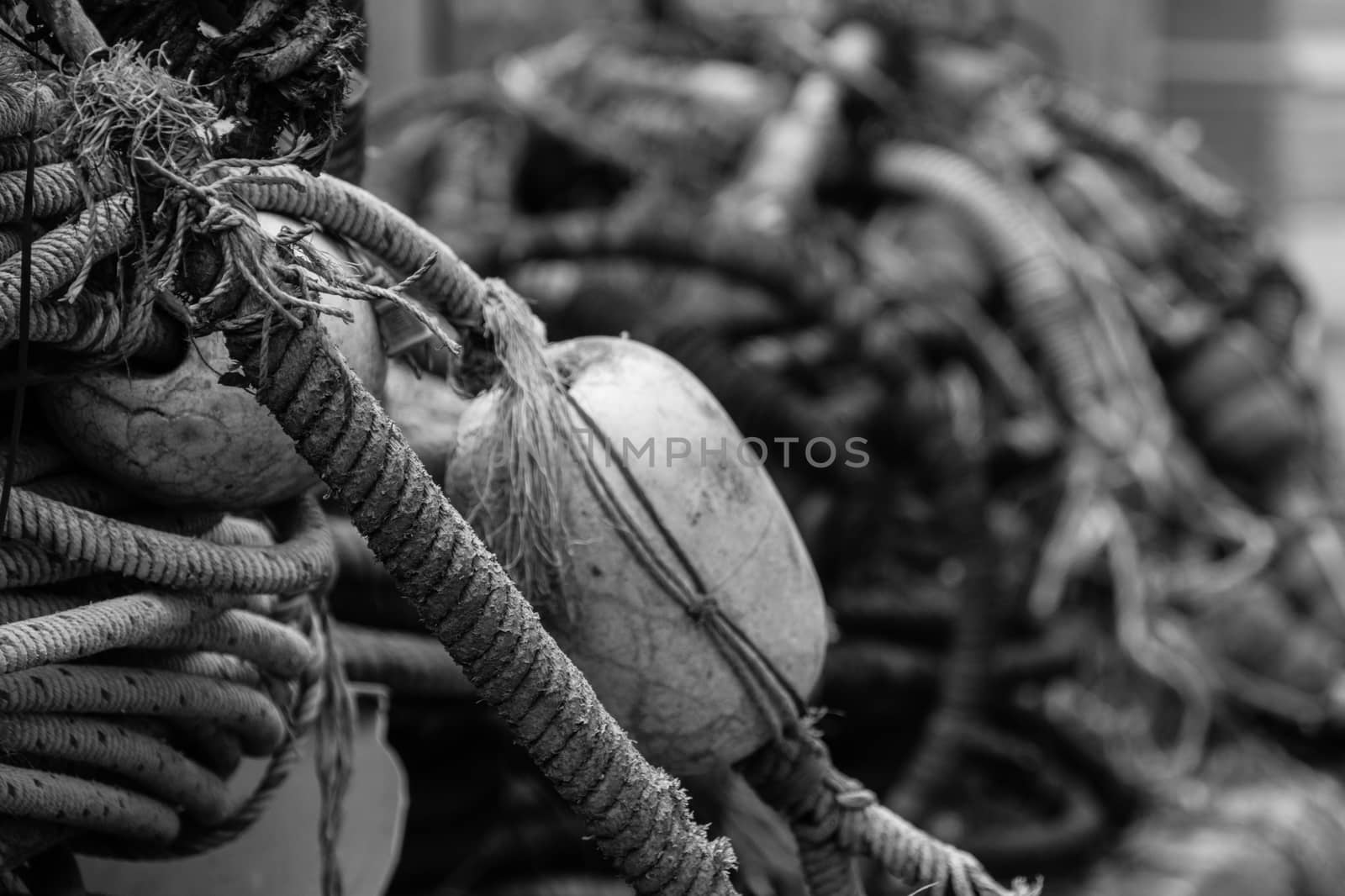 Old rotten fishing equipment rope buoy black and white by MXW_Stock
