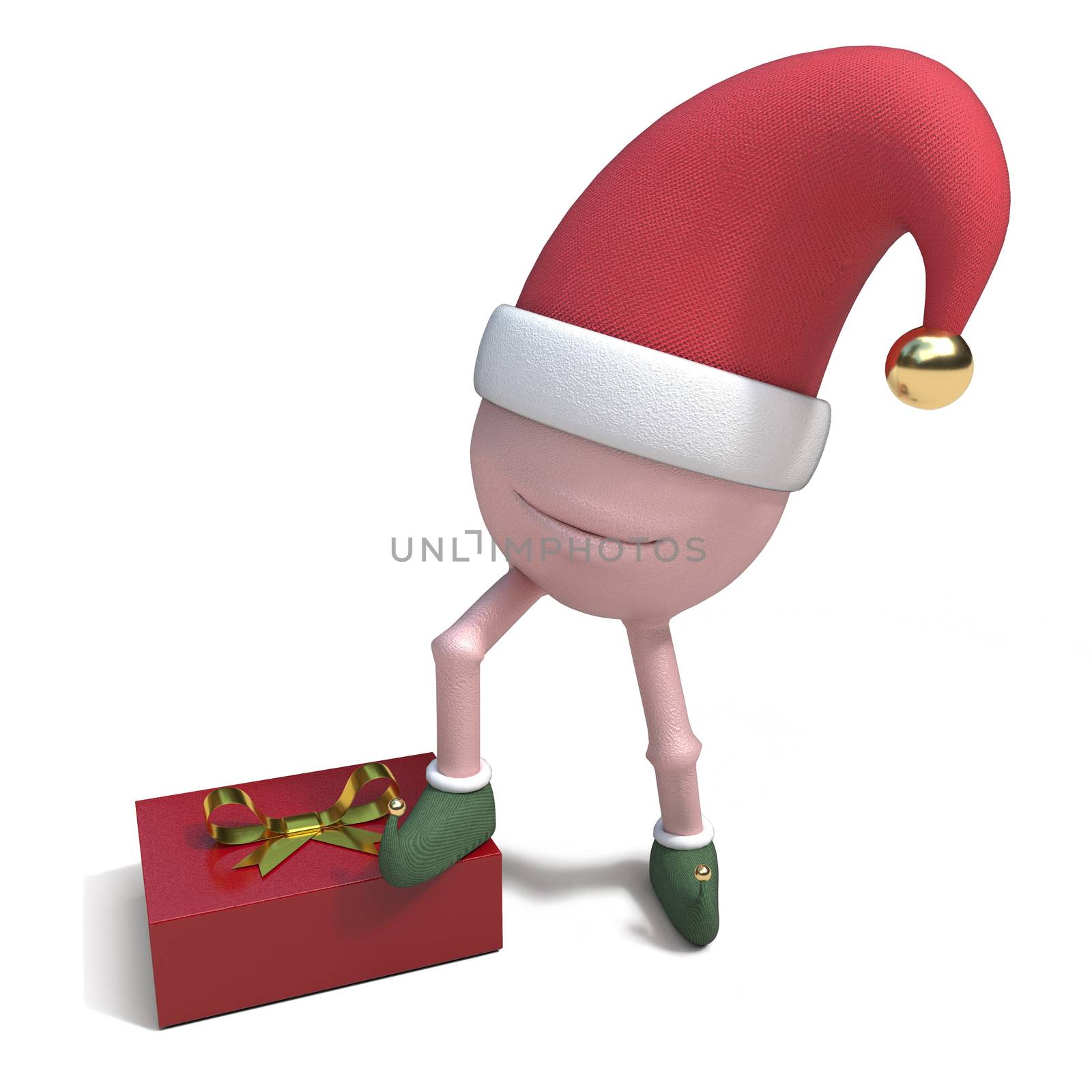 3D illustration of Silly cartoon character in Christmas hat and boots with a gift wrapped present