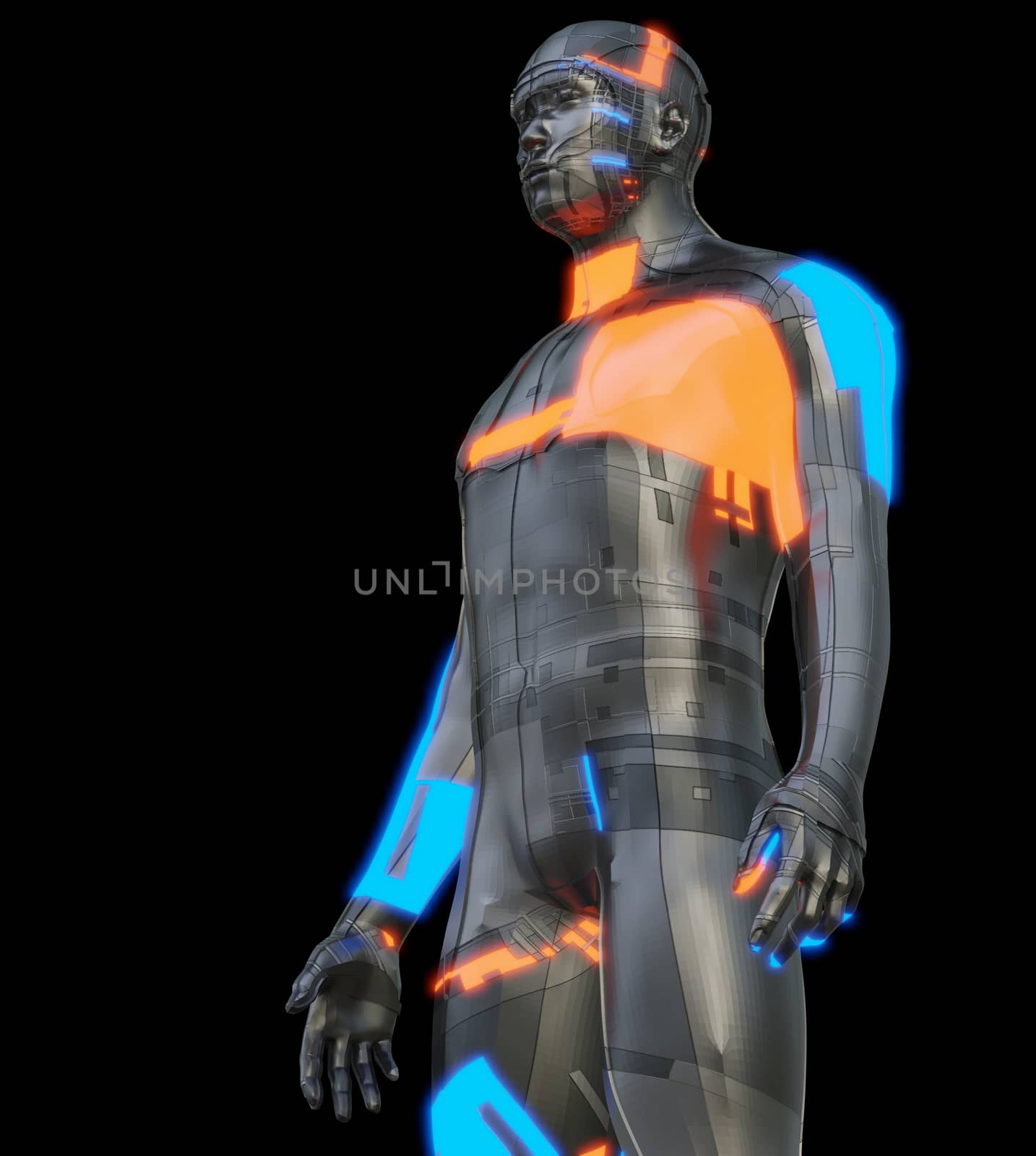 Futuristic robot of dark color with luminous parts of blue and orange. Isolated on black background. The concept of robotic and industrial revolution 4.0. 3D illustration