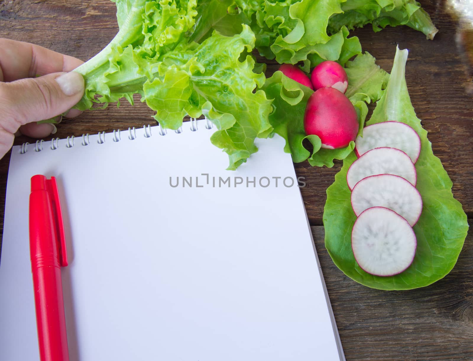 Female hand with salad leaves on wooden background, copy space.