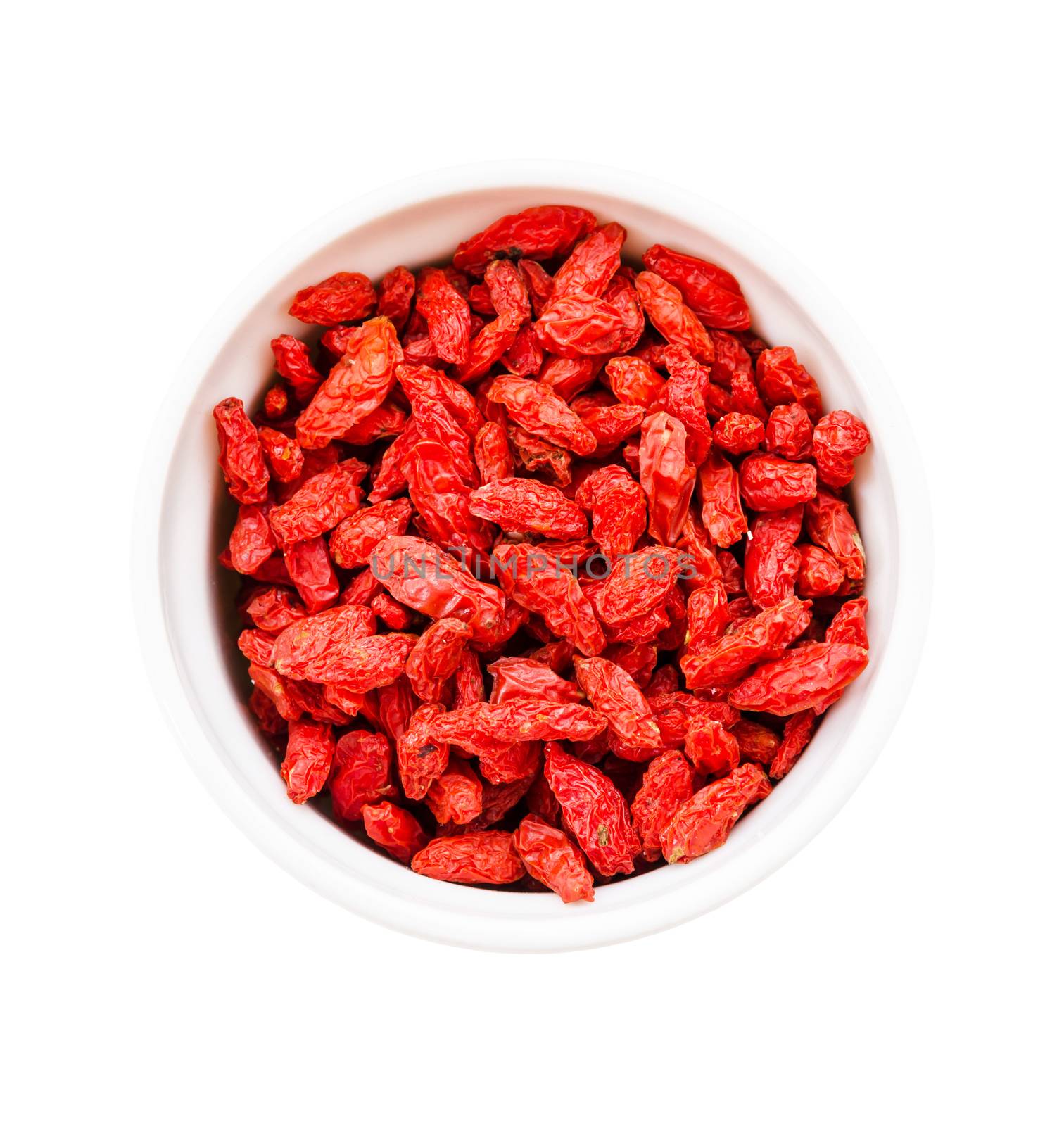 Dried goji berries in white bowl isolated on white background, Save clipping path.