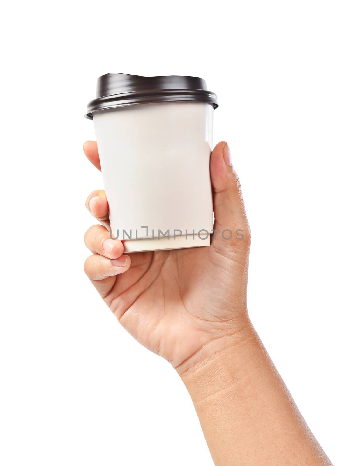 Hand holding a coffee cup isolated on white. by Gamjai