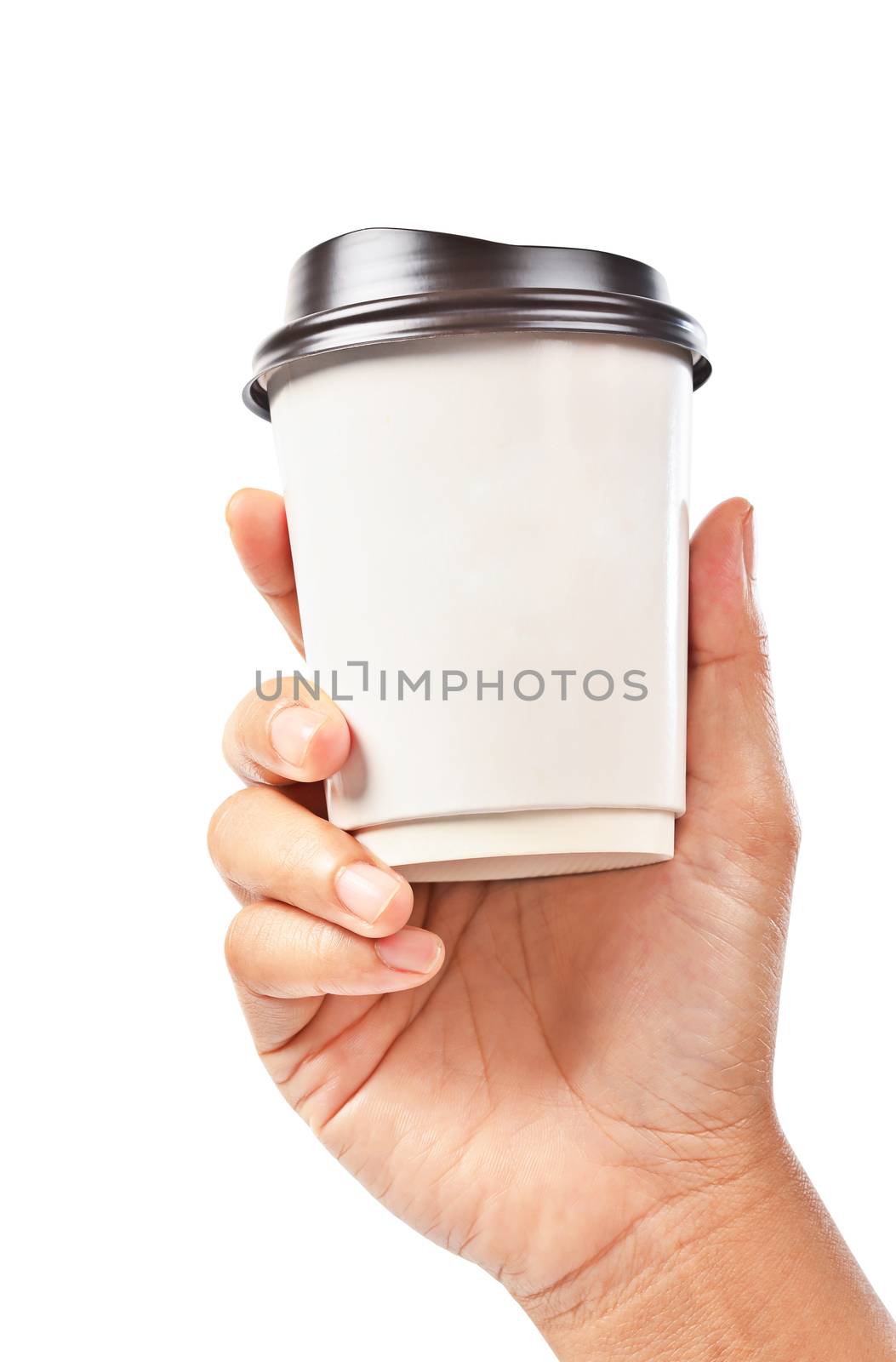 Hand holding a coffee cup isolated on white. by Gamjai