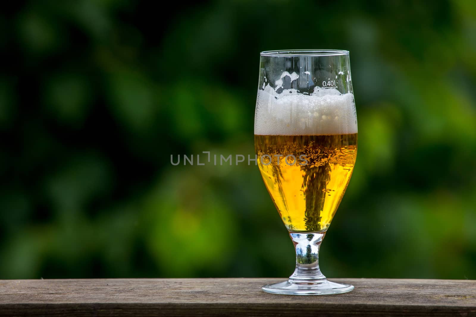 Glass of light beer with foam and bubbles on wooden table on green nature background. Beer is an alcoholic drink made from yeast-fermented malt flavoured with hops.

