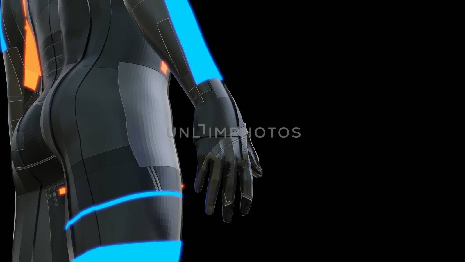 Futuristic robot of dark color with luminous parts of blue and orange. Isolated on black background. The concept of robotic and industrial revolution 4.0. 3D illustration