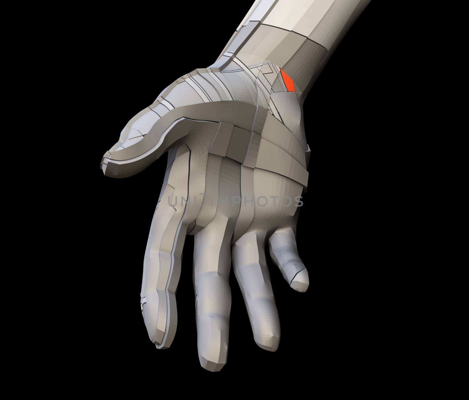 Futuristic robot hand of dark color with luminous parts of blue and orange. Isolated on black background. The concept of robotic and industrial revolution 4.0. 3D illustration