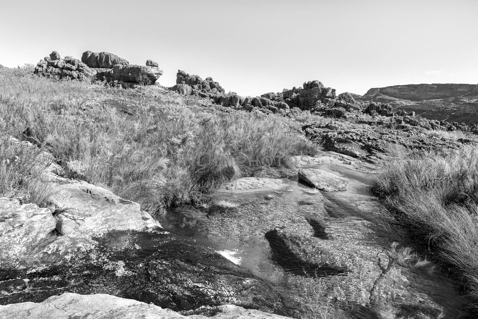 The landscape on the Riverside Arch Hiking Trail in the Cederberg Mountains near Clanwilliam in the Western Cape Province. Monochrome