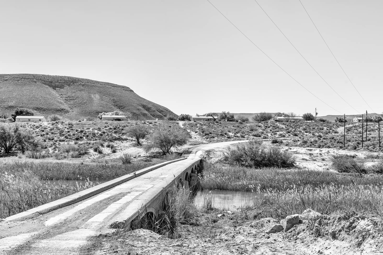 Bridge over the Doring River on road R364 in the Western Cape Province of South Africa. Monochrome