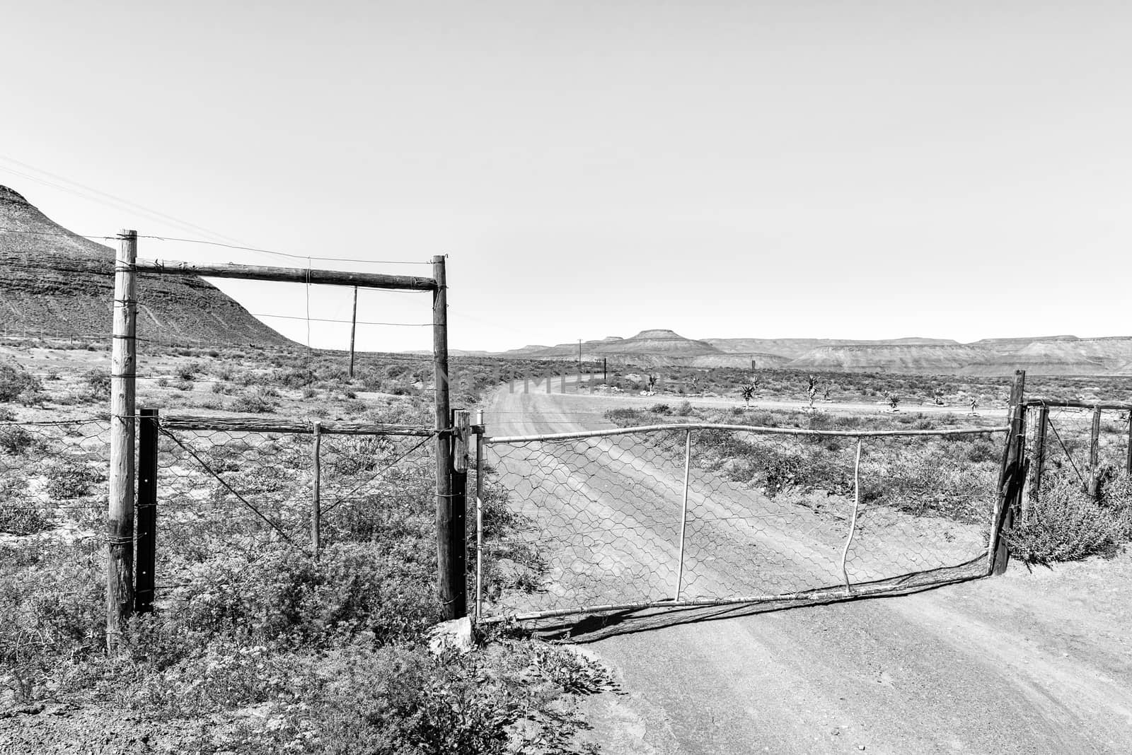 A farm gate on Rooibos Heritage Route in the Western Cape Province of South Africa. Monochrome