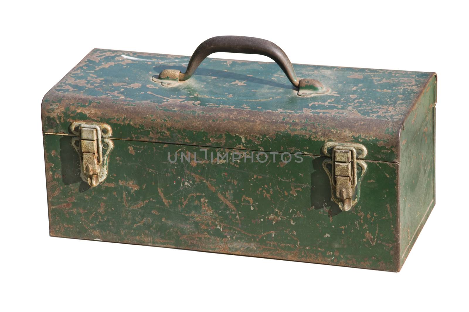 Old green corroded rusty tool box isolated against a white background