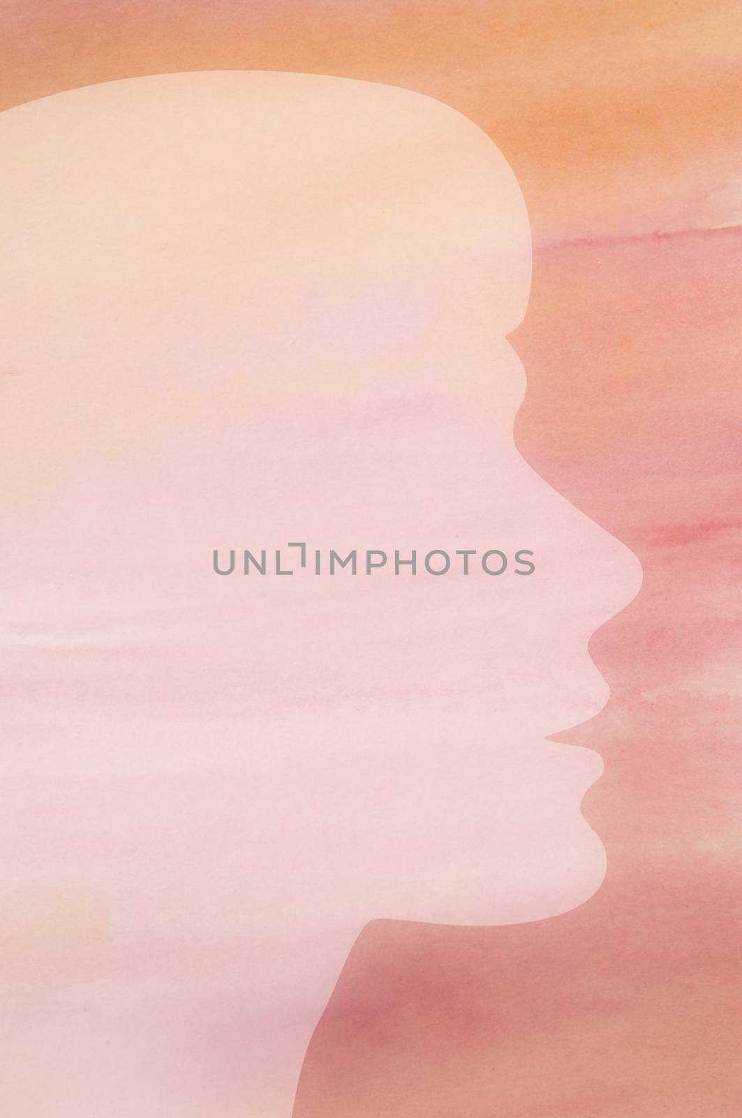 Female silhouette against a pink watercolor background texture