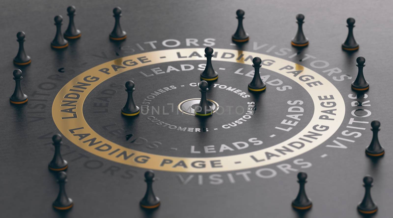 3d illustration of an inbound marketing concept with pawns around a golden landing page over black background. Modern design.