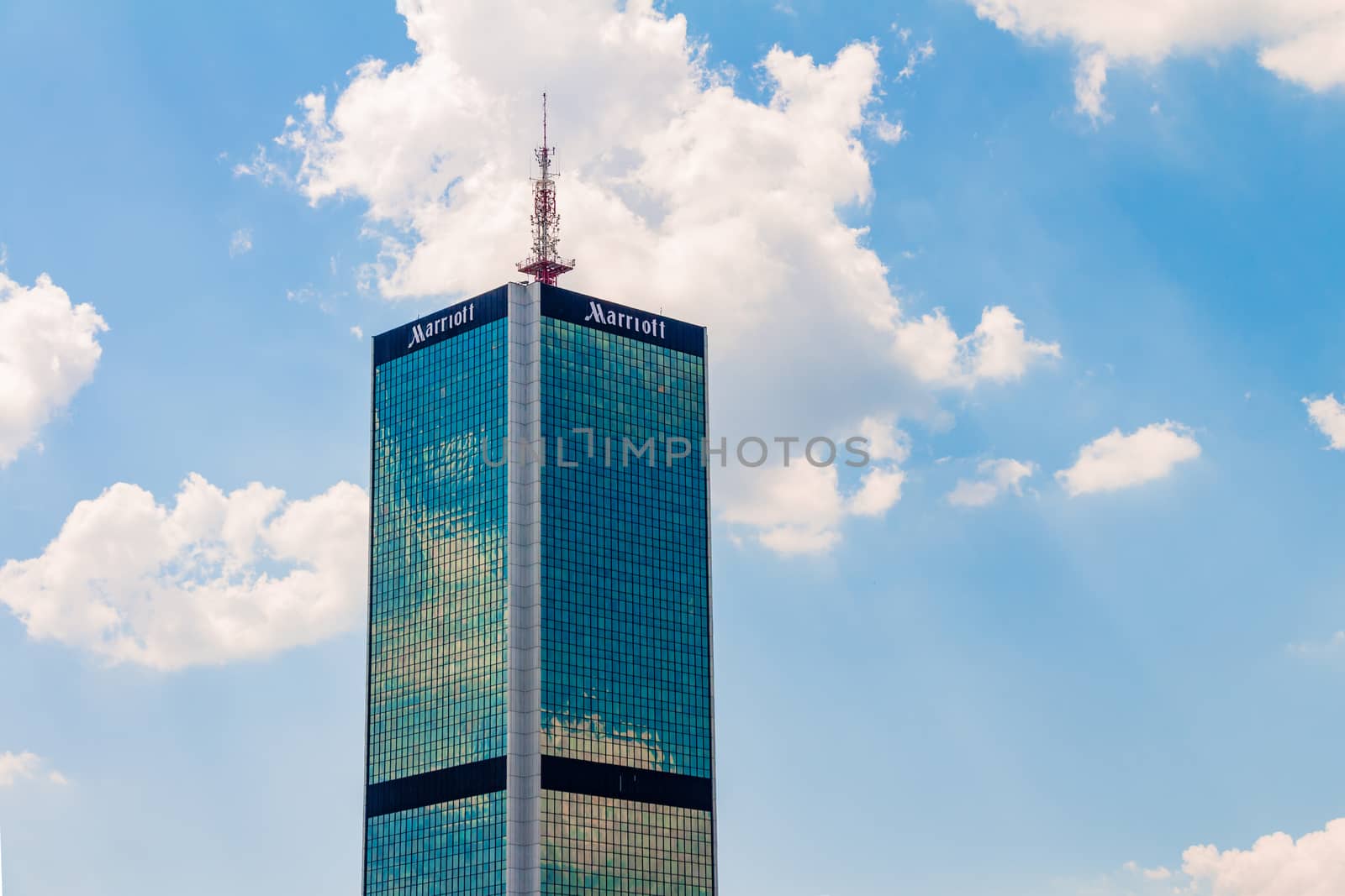 Warsaw, Poland - May 31, 2018: High office building of the Marriott company in the city center.