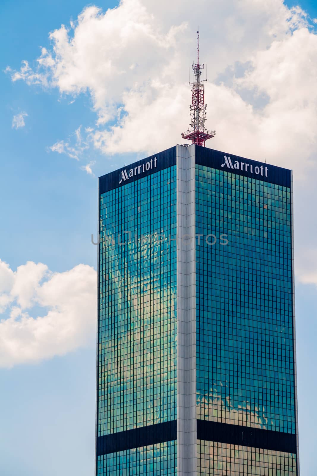 Warsaw, Poland - May 31, 2018: High office building of the Marriott company in the city center.